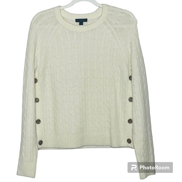 J. Crew Cable Cream Wool Blend Side Button Detail Crewneck Sweater - Picture 1 of 11
